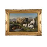 George William Horlor (British, 1823–1895) Sheep with lambs and a sheepdog signed lower left "G W