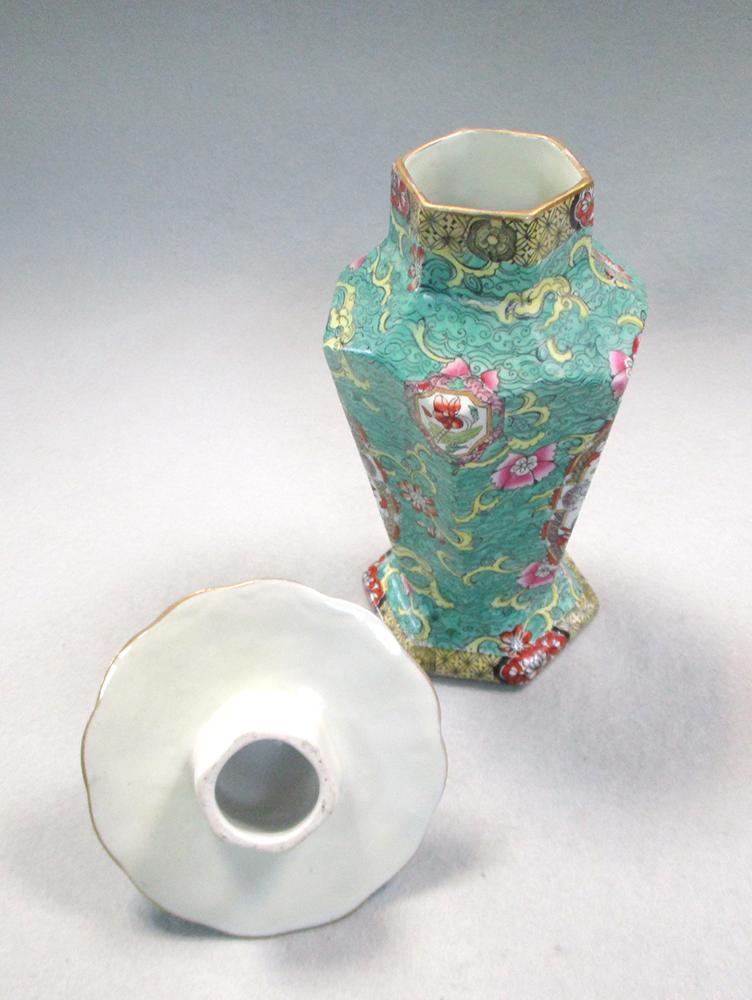 A Mason's garniture of three vases and covers, circa 1820, of tapering hexagonal form, printed and - Image 3 of 4