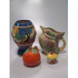 Clarice Cliff Bizarre vase shape 342 (damaged), cruet/condiment items, and jam pot; together with