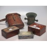 A pair of French binoculars by Lemaire, leather case dated 1918; a silver plated tobacco tin with