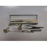 3 silver salt spoons, a cased pair of mother of pearl handled fish eaters and a collection of