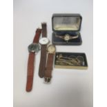 A 9ct gold 'helvetia' wristwatch, a 9ct gold 'rodos' wristwatch, a steel war issue watch, a