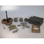 An Indian white metal cruet on stand, an open face pocket watch, various small silver including