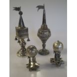 Two continental silver Jewish spice towers and a Jewish designed salt and pepper caster 10.5ozt