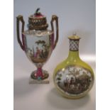 A pair of Helena Woolfson type yellow ground bottle vases, each painted with Watteauesque scenes