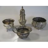 A silver sugar caster, a silver sugar bowl, a silver cream jug, and a Continental bowl, 13.3ozt