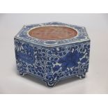 A Chinese blue and white hexagonal ink dish, Qianlong mark 15cm wide