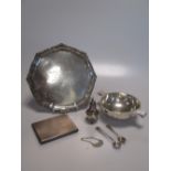 A silver waiter, a silver quaich, a silver pocket cigarette case, two silver condiment spoons, a