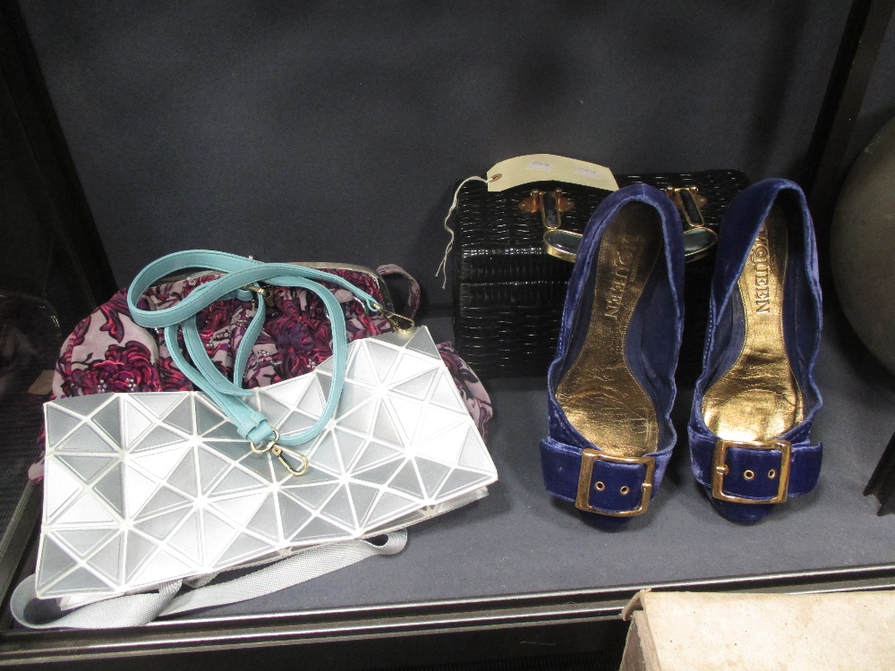 A pair of Alexander McQueen velvet shoes Size 6, a 1950's black box bag and an Issay Miyake bag