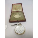 An 18ct gold open faced key wind pocket watch, cased, including the key Dial cracked in a number
