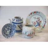 An 18th century Chinese famille verte plate, 23cm, another blue and white together with two tea pots