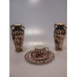 A pair of Royal Crown Derby vases, two sweetmeat dishes; 1128 pattern small tureen and cover;