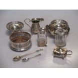 Two pairs of silver bonbon dishes, a small jug, coaster, salt etc