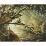 § Nan Youngman, OBE (British, 1906-1995) The bow of a moored boat on a wooded backwater signed and