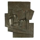 A modernist bronze relief plaque, cast with stylised industrial scene in high relief, signed with '