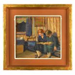 § Hubert Lindsay Wellington (British, 1879-1967) Two women reading oil on board 25 x 27.50cm (10 x