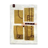 A deep-pile sculpted wool rug, with abstract modernist design in oatmeal and russet on a cream