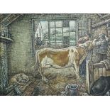 § Stanley Cornwell Lewis, ARCA (Welsh, 1905-2009) Cattle in a byre with a cowman administering a