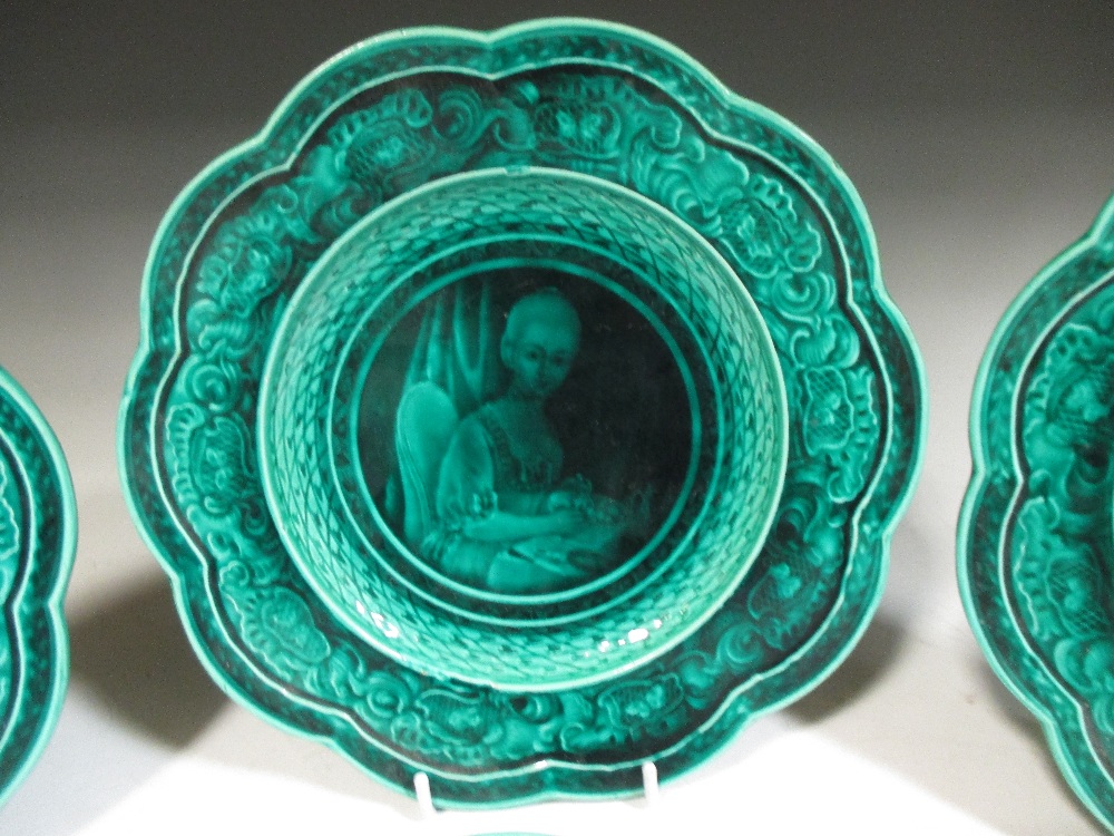 A set of four green ground majolica plates by Rubelles - Image 4 of 6