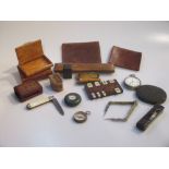 Various curiosities and ornaments including desk compass, cased dividers, small boxes and cases etc