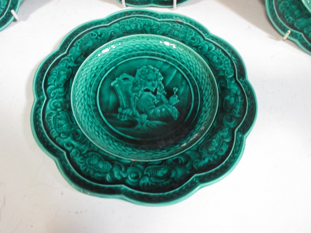 A set of four green ground majolica plates by Rubelles - Image 2 of 6