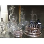 A silver backed dressing table brush, silver mounted whisky noggin, Wedgwood blue glass ornaments,