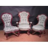 A Victorian walnut framed drawing room chair, a similar armchair and a spoon back chair (3)