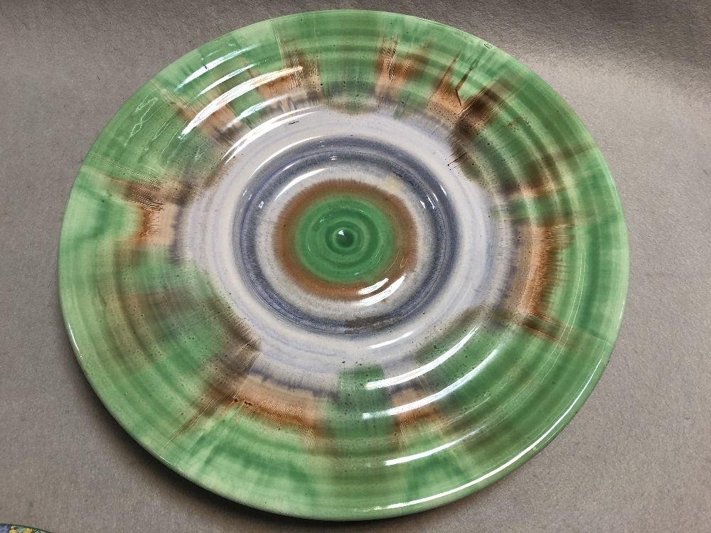 A Shelley Harmony charger, glazed in greens, blues and browns, printed mark, together with a Shelley - Image 2 of 4