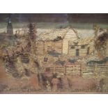 A Victorian decoupage and straw diorama of a village scene with cattle, in a glazed case, 24 x 42cm