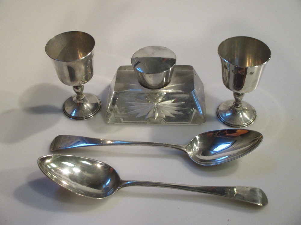 A pair of modern silver miniature goblets; a silver lidded Art Deco inkwell; a pair of George III - Image 2 of 3