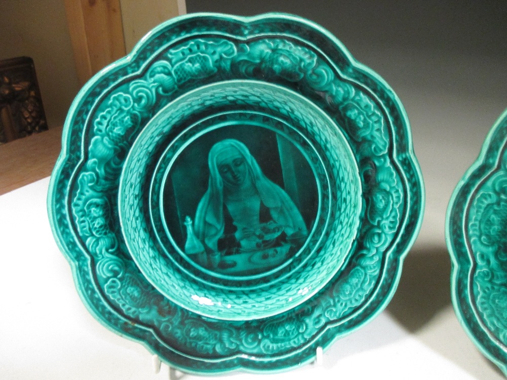 A set of four green ground majolica plates by Rubelles - Image 5 of 6