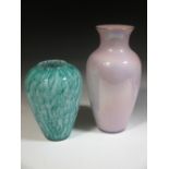 A Verly's shaped glass bowl with moulded rim, green glass mottled vase, Muirano Morell purple