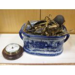 Brassware: a car horn, hall lantern, fireside tools, money box, etc together with a blue and white