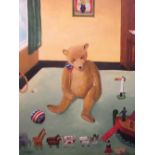 A child's rocking horse chair, a push along child's teddy modelled as an Irish Terrier, a painting