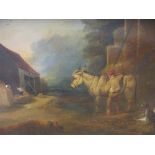 Manner of George Morland 'Farmyard scene with a donkey and a seated dog, oil on board, 29 x 38cm