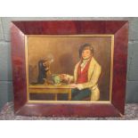 English School (19th Century) A gentleman seated at a table with his dog smoking a pipe, oil on