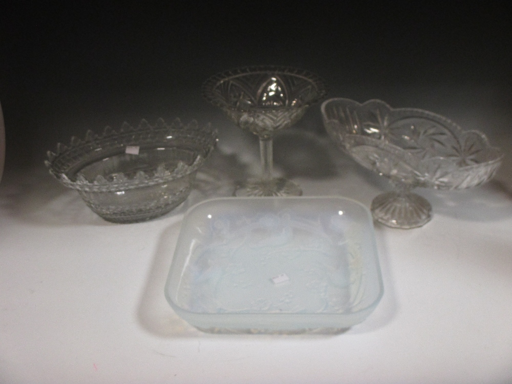 Julien, France, opalescent glass dish with birds & foliage, a cut glass bowl & two other glass bowls