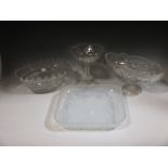 Julien, France, opalescent glass dish with birds & foliage, a cut glass bowl & two other glass bowls