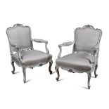 A pair of Louis XV style French fauteuil, the painted frames finished in chalk white and blue (2) 92