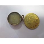 A gold sovereign dated 1919, and a small 1849 four-pence coin in 9ct glazed mount