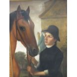 Continental School (19th century) A young girl holding the reigns of a chestnut hunter, oil on