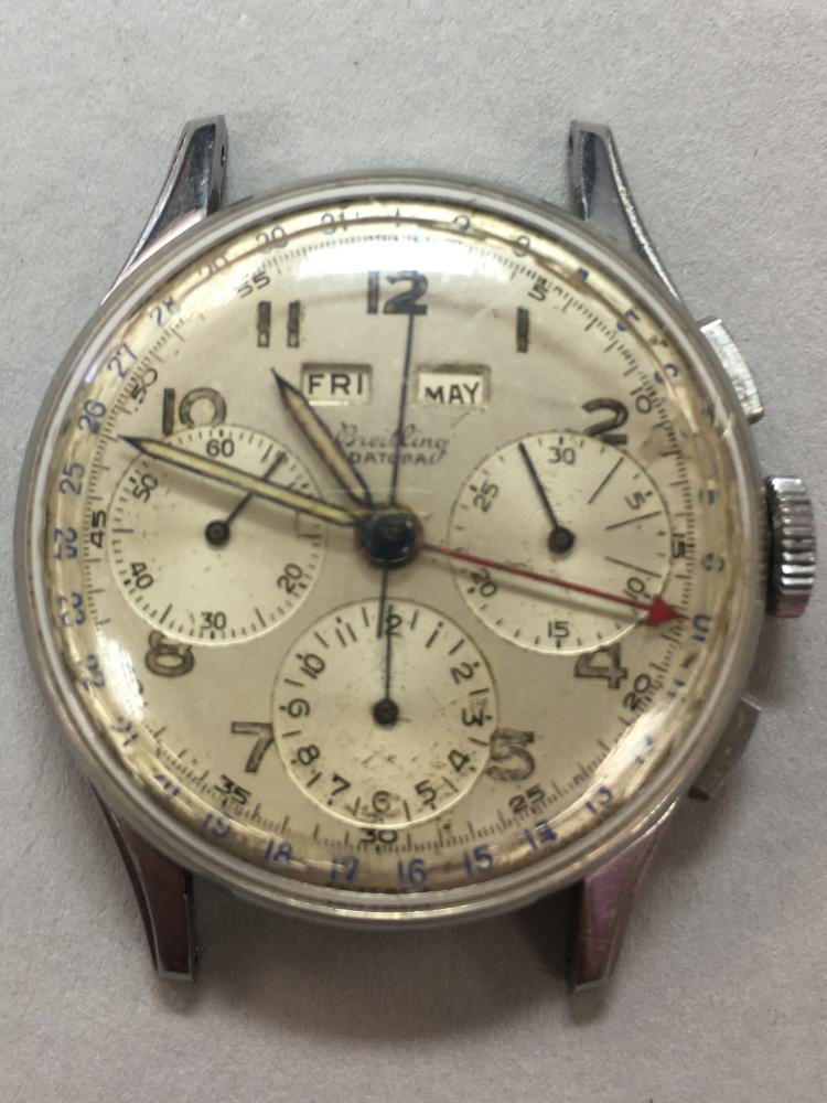 Breitling - A gentleman's 'Datora' chronograph steel watch head, circa 1945, the circular signed