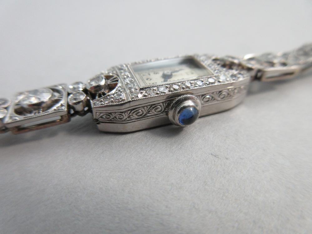 A diamond set cocktail watch with sapphire set crown circa 1930, the silvered rectangular dial - Image 3 of 7