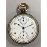 An unsigned continental open faced chronograph pocket watch, the white enamel dial with black Arabic