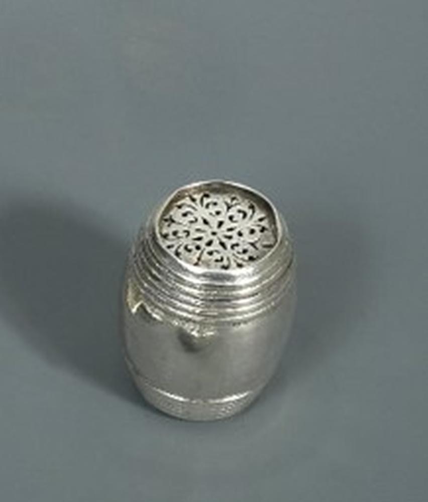 A Victorian silver barrel shaped novelty pepper caster by Charles Thomas Fox and George Fox,