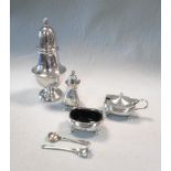 A 20th century silver three piece condiment set and a silver sugar caster, the condiment set by Adie