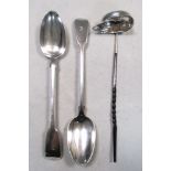 A pair of George IV silver basting spoons and a punch ladle, the 'Fiddle' pattern spoons by