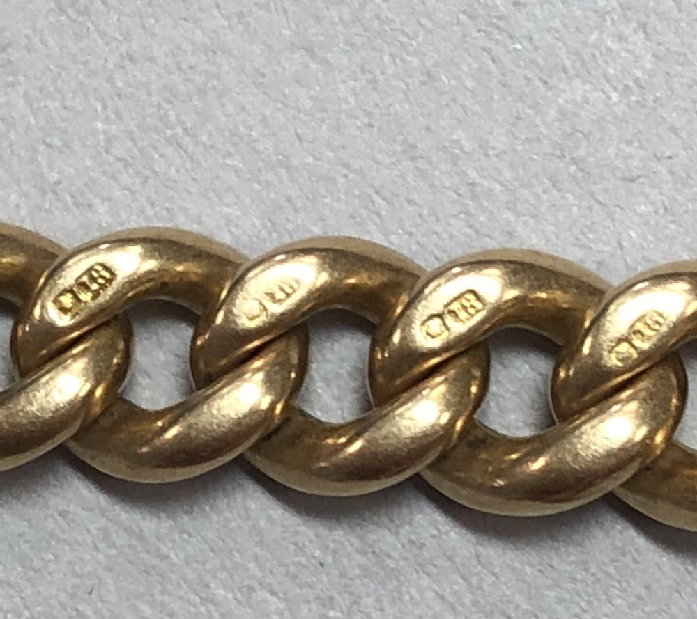 A graduated curb link watch chain, with T bar and one swivel catch, part marked for 18ct gold on - Image 5 of 5