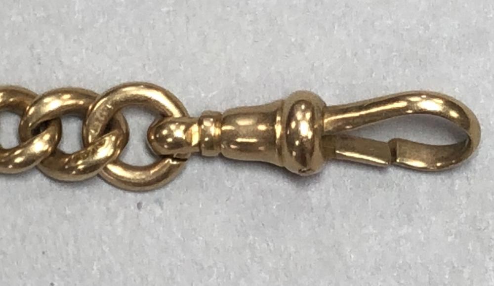 A graduated curb link watch chain, with T bar and one swivel catch, part marked for 18ct gold on - Image 4 of 5