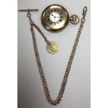 Munsey & Co of Cambridge - A 9ct gold half hunter pocket watch and chain, the front lid with blue